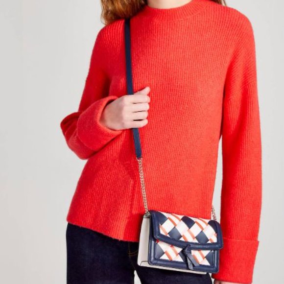 NWT Kate Spade Knott Woven Leather Flap Crossbody K6646 - Blazer Blue Multi - Picture 10 of 11